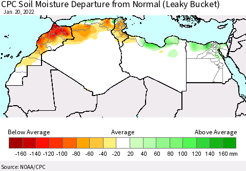 North Africa CPC Soil Moisture Departure from Normal (Leaky Bucket) Thematic Map For 1/16/2022 - 1/20/2022