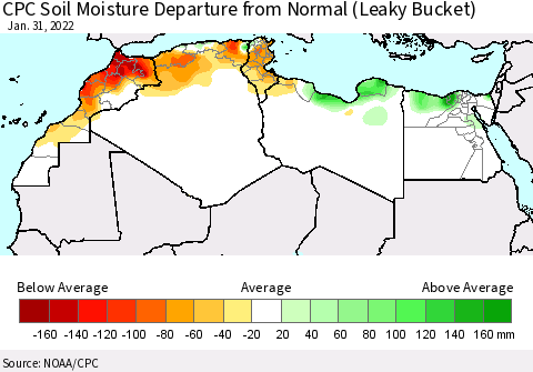 North Africa CPC Soil Moisture Departure from Normal (Leaky Bucket) Thematic Map For 1/26/2022 - 1/31/2022