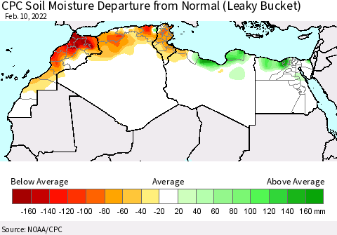 North Africa CPC Soil Moisture Departure from Normal (Leaky Bucket) Thematic Map For 2/6/2022 - 2/10/2022