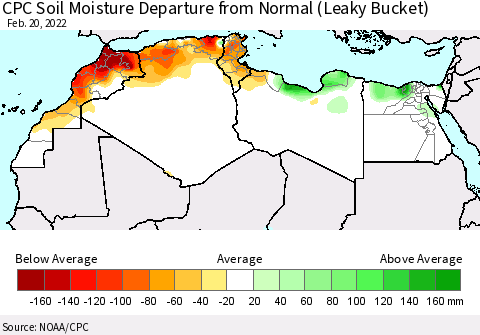 North Africa CPC Soil Moisture Departure from Normal (Leaky Bucket) Thematic Map For 2/16/2022 - 2/20/2022