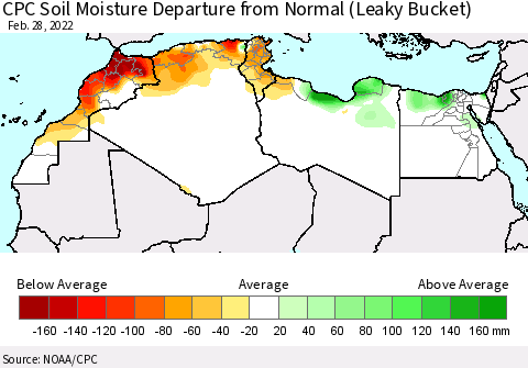 North Africa CPC Soil Moisture Departure from Normal (Leaky Bucket) Thematic Map For 2/26/2022 - 2/28/2022