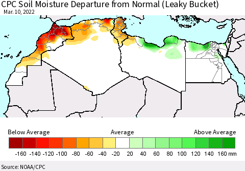 North Africa CPC Soil Moisture Departure from Normal (Leaky Bucket) Thematic Map For 3/6/2022 - 3/10/2022