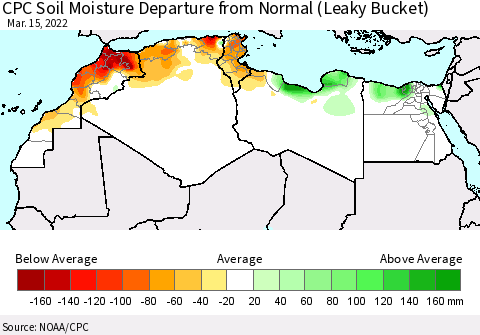 North Africa CPC Soil Moisture Departure from Normal (Leaky Bucket) Thematic Map For 3/11/2022 - 3/15/2022