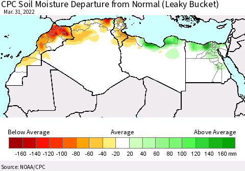 North Africa CPC Soil Moisture Departure from Normal (Leaky Bucket) Thematic Map For 3/26/2022 - 3/31/2022