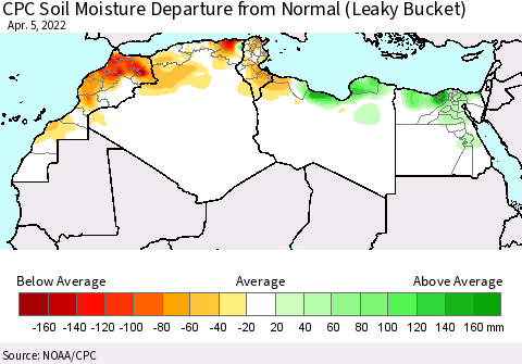 North Africa CPC Soil Moisture Departure from Normal (Leaky Bucket) Thematic Map For 4/1/2022 - 4/5/2022