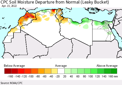 North Africa CPC Soil Moisture Departure from Normal (Leaky Bucket) Thematic Map For 4/11/2022 - 4/15/2022