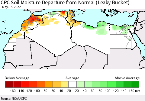 North Africa CPC Soil Moisture Departure from Normal (Leaky Bucket) Thematic Map For 5/11/2022 - 5/15/2022
