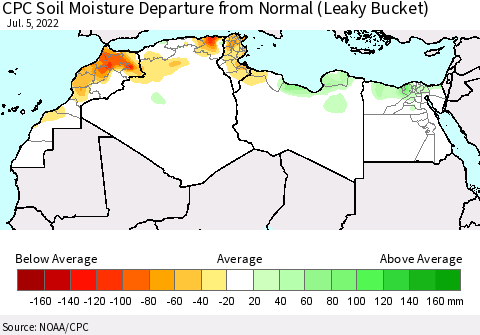 North Africa CPC Soil Moisture Departure from Normal (Leaky Bucket) Thematic Map For 7/1/2022 - 7/5/2022