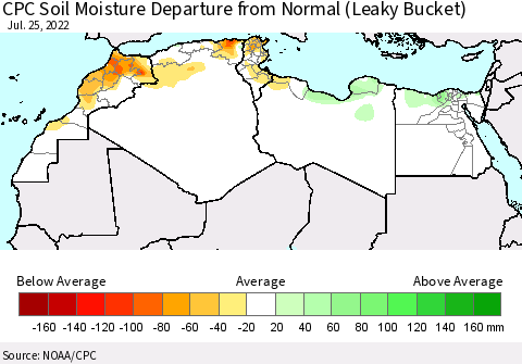 North Africa CPC Soil Moisture Departure from Normal (Leaky Bucket) Thematic Map For 7/21/2022 - 7/25/2022