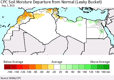 North Africa CPC Soil Moisture Departure from Normal (Leaky Bucket) Thematic Map For 8/1/2022 - 8/5/2022