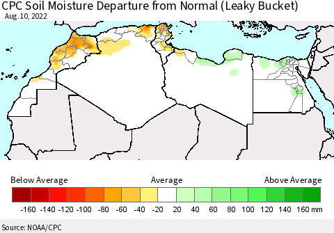 North Africa CPC Soil Moisture Departure from Normal (Leaky Bucket) Thematic Map For 8/6/2022 - 8/10/2022