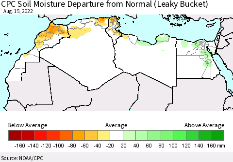 North Africa CPC Soil Moisture Departure from Normal (Leaky Bucket) Thematic Map For 8/11/2022 - 8/15/2022