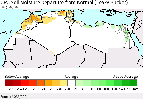 North Africa CPC Soil Moisture Departure from Normal (Leaky Bucket) Thematic Map For 8/16/2022 - 8/20/2022