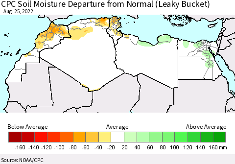 North Africa CPC Soil Moisture Departure from Normal (Leaky Bucket) Thematic Map For 8/21/2022 - 8/25/2022