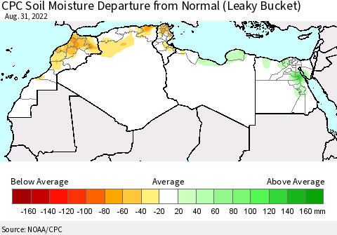 North Africa CPC Soil Moisture Departure from Normal (Leaky Bucket) Thematic Map For 8/26/2022 - 8/31/2022
