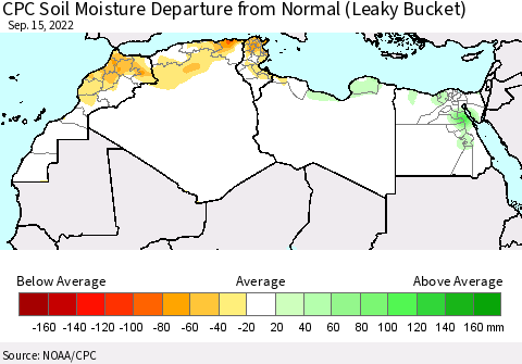 North Africa CPC Soil Moisture Departure from Normal (Leaky Bucket) Thematic Map For 9/11/2022 - 9/15/2022