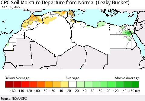 North Africa CPC Soil Moisture Departure from Normal (Leaky Bucket) Thematic Map For 9/26/2022 - 9/30/2022
