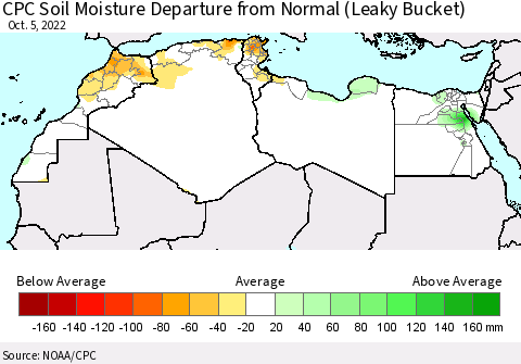 North Africa CPC Soil Moisture Departure from Normal (Leaky Bucket) Thematic Map For 10/1/2022 - 10/5/2022