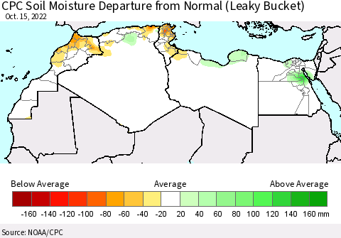 North Africa CPC Soil Moisture Departure from Normal (Leaky Bucket) Thematic Map For 10/11/2022 - 10/15/2022