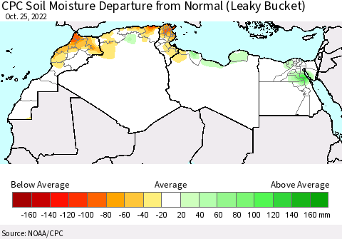 North Africa CPC Soil Moisture Departure from Normal (Leaky Bucket) Thematic Map For 10/21/2022 - 10/25/2022
