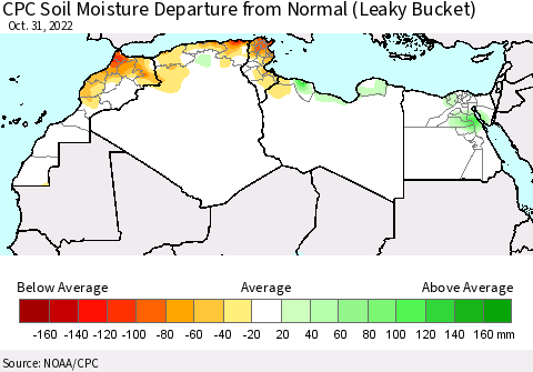 North Africa CPC Soil Moisture Departure from Normal (Leaky Bucket) Thematic Map For 10/26/2022 - 10/31/2022