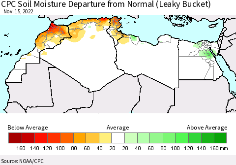 North Africa CPC Soil Moisture Departure from Normal (Leaky Bucket) Thematic Map For 11/11/2022 - 11/15/2022