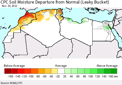 North Africa CPC Soil Moisture Departure from Normal (Leaky Bucket) Thematic Map For 11/26/2022 - 11/30/2022
