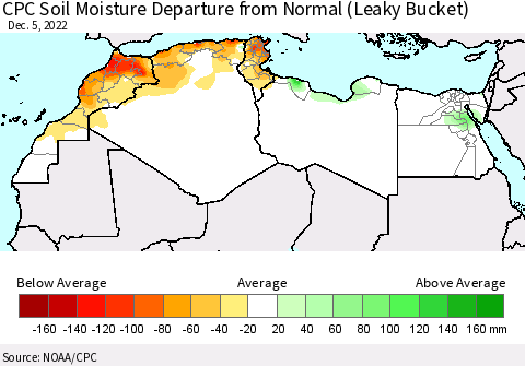 North Africa CPC Soil Moisture Departure from Normal (Leaky Bucket) Thematic Map For 12/1/2022 - 12/5/2022