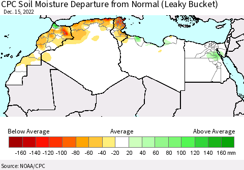 North Africa CPC Soil Moisture Departure from Normal (Leaky Bucket) Thematic Map For 12/11/2022 - 12/15/2022