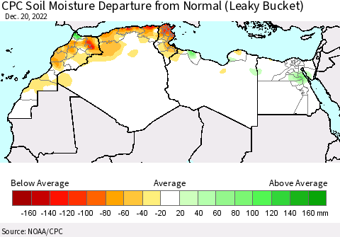 North Africa CPC Soil Moisture Departure from Normal (Leaky Bucket) Thematic Map For 12/16/2022 - 12/20/2022
