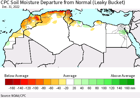 North Africa CPC Soil Moisture Departure from Normal (Leaky Bucket) Thematic Map For 12/26/2022 - 12/31/2022