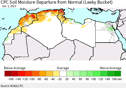 North Africa CPC Soil Moisture Departure from Normal (Leaky Bucket) Thematic Map For 1/1/2023 - 1/5/2023