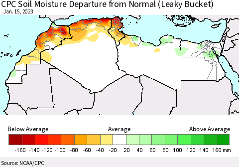 North Africa CPC Soil Moisture Departure from Normal (Leaky Bucket) Thematic Map For 1/11/2023 - 1/15/2023