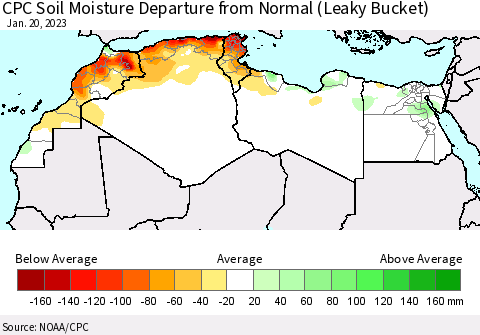 North Africa CPC Soil Moisture Departure from Normal (Leaky Bucket) Thematic Map For 1/16/2023 - 1/20/2023