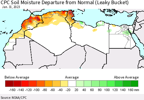 North Africa CPC Soil Moisture Departure from Normal (Leaky Bucket) Thematic Map For 1/26/2023 - 1/31/2023