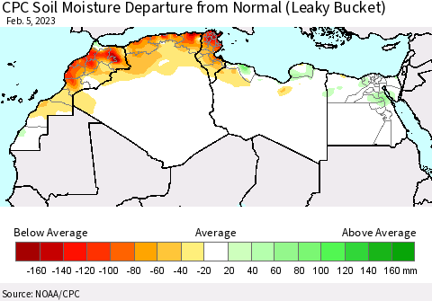 North Africa CPC Soil Moisture Departure from Normal (Leaky Bucket) Thematic Map For 2/1/2023 - 2/5/2023