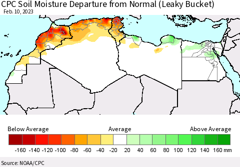 North Africa CPC Soil Moisture Departure from Normal (Leaky Bucket) Thematic Map For 2/6/2023 - 2/10/2023