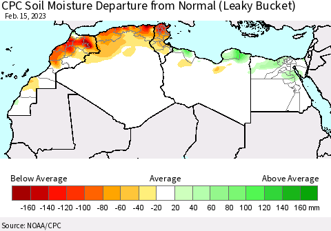 North Africa CPC Soil Moisture Departure from Normal (Leaky Bucket) Thematic Map For 2/11/2023 - 2/15/2023