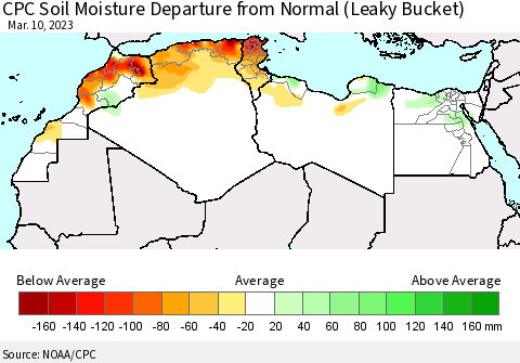 North Africa CPC Soil Moisture Departure from Normal (Leaky Bucket) Thematic Map For 3/6/2023 - 3/10/2023