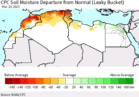 North Africa CPC Soil Moisture Departure from Normal (Leaky Bucket) Thematic Map For 3/16/2023 - 3/20/2023