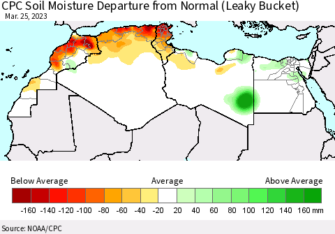 North Africa CPC Soil Moisture Departure from Normal (Leaky Bucket) Thematic Map For 3/21/2023 - 3/25/2023