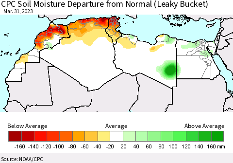 North Africa CPC Soil Moisture Departure from Normal (Leaky Bucket) Thematic Map For 3/26/2023 - 3/31/2023