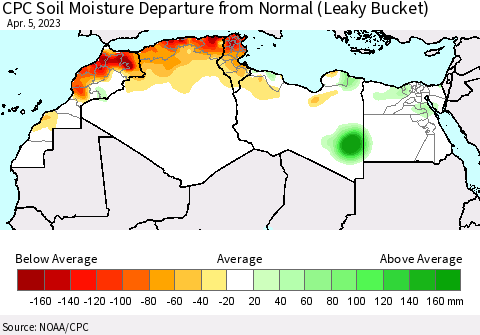 North Africa CPC Soil Moisture Departure from Normal (Leaky Bucket) Thematic Map For 4/1/2023 - 4/5/2023