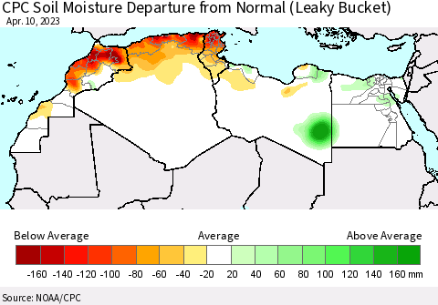 North Africa CPC Soil Moisture Departure from Normal (Leaky Bucket) Thematic Map For 4/6/2023 - 4/10/2023