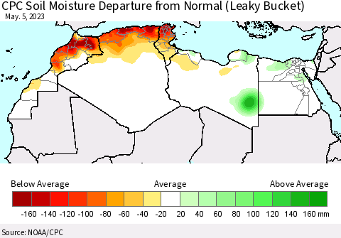North Africa CPC Soil Moisture Departure from Normal (Leaky Bucket) Thematic Map For 5/1/2023 - 5/5/2023
