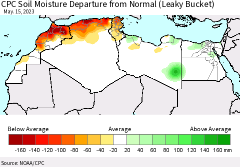 North Africa CPC Soil Moisture Departure from Normal (Leaky Bucket) Thematic Map For 5/11/2023 - 5/15/2023
