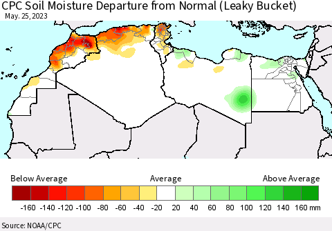 North Africa CPC Soil Moisture Departure from Normal (Leaky Bucket) Thematic Map For 5/21/2023 - 5/25/2023