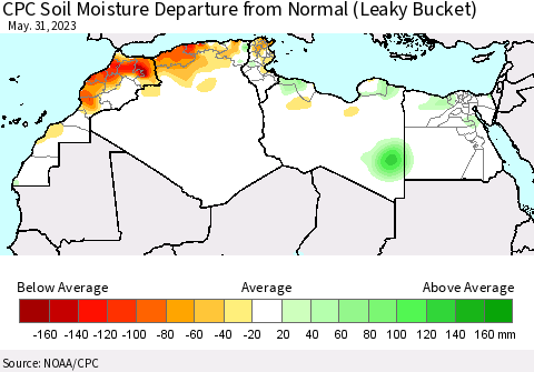 North Africa CPC Soil Moisture Departure from Normal (Leaky Bucket) Thematic Map For 5/26/2023 - 5/31/2023