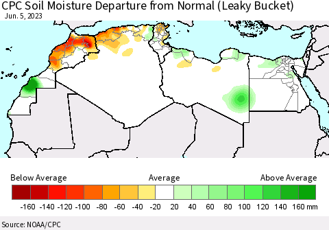 North Africa CPC Soil Moisture Departure from Normal (Leaky Bucket) Thematic Map For 6/1/2023 - 6/5/2023
