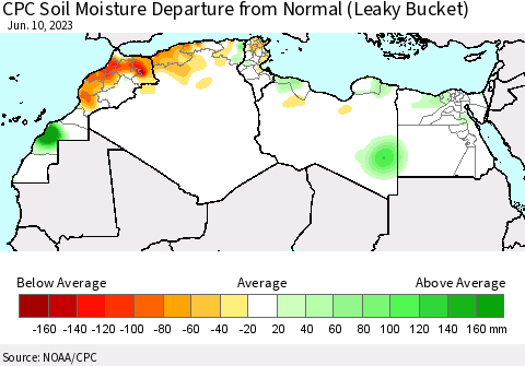 North Africa CPC Soil Moisture Departure from Normal (Leaky Bucket) Thematic Map For 6/6/2023 - 6/10/2023